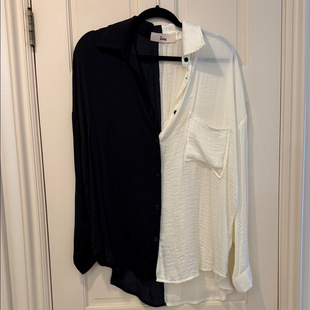 Split Black and White Button-Front Blouse by